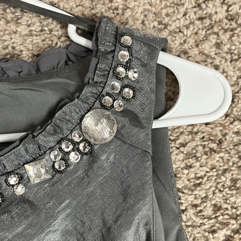 SL Fashions Metallic Gray Embellished Tiered Dress - Picture 3 of 13